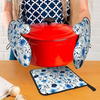 Blue Floral Oven Mitts and Pot Holders Sets of 3, Heat Resistant Cute - Image 2
