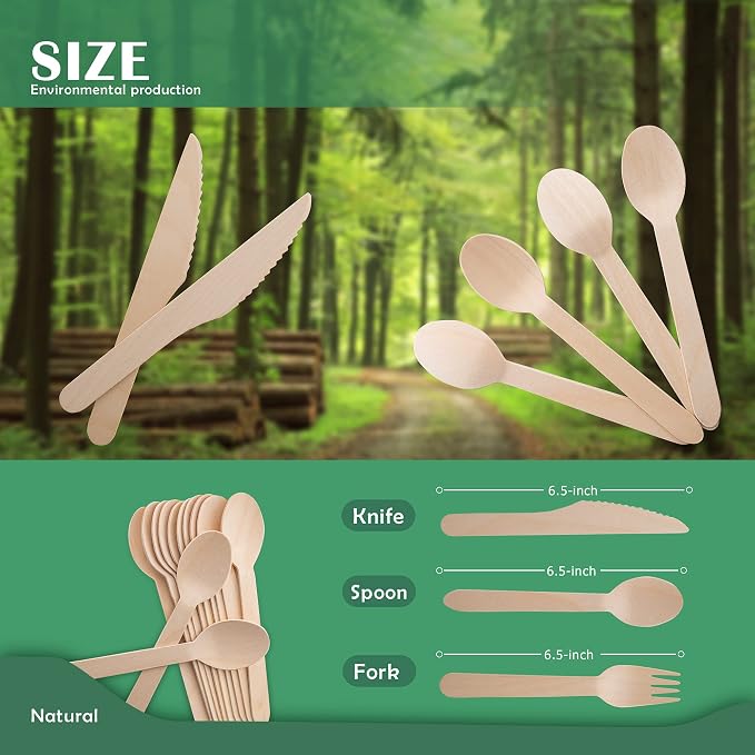 Disposable Wooden Forks -Pack of 100, 6.5" Length-Biodegradable, Natural Wooden - Image 5