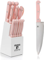 Moss & Stone Pink 14 Pcs Knife Block Set Stainless Steel, Premium Forged by Mossstone
