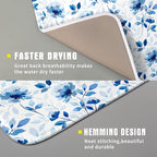 Blue Floral Dish Drying Mat 16x18 inch Flower Leaves Dish Rack Pad Microfiber - Image 3