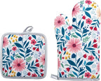 Floral Oven Mitts and Pot Holders Sets 2 Pcs, Canvas Heat Resistant Kitchen by QEES