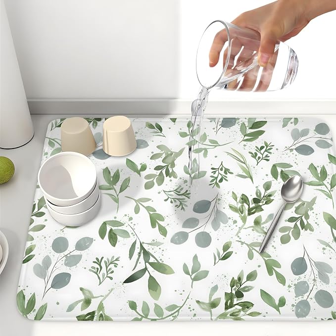 Spring Summer Sage Green Leaves Dish Drying Mat 18 x 24 Inch Spring Eucalyptus - Image 6