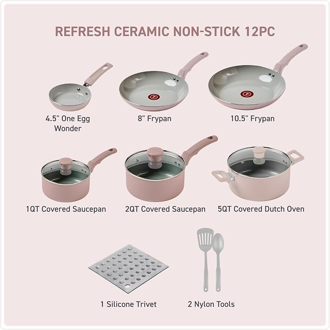 T-Fal Refresh Ceramic Nonstick Cookware Set, 12-Piece Ceramic Pots and Pans Set - Image 2