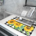 Sunflower Dish Drying Mat for Kitchen Counter Watercolor Black White Plaid - Image 5
