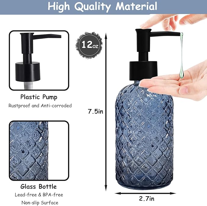 Blue Glass Dish Soap Dispenser for Kitchen, 12oz Refillable Liquid Hand Soap - Image 2