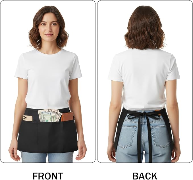 BOHARERS 3 Pockets Waitress Apron 12 Pack Cotton Server Apron Black Half Aprons - Image 2