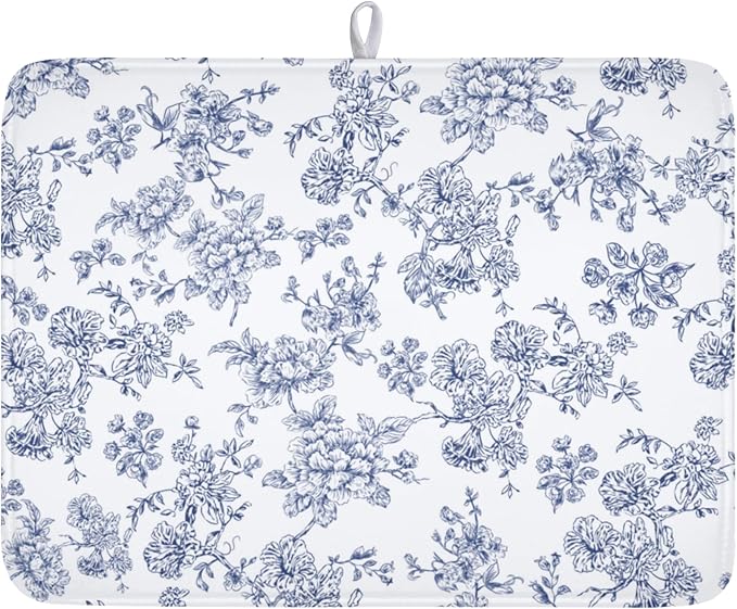 Blue Floral Dish Drying Mat for Kitchen Counter Chinoiserie Flower Microfiber by Unknown