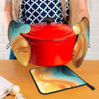 Orange Teal Marble Oven Mitts and Pot Holders Sets of 3 Kitchen Hot Pads Modern - Image 7