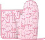 Pink Cute Ribbon Bow Silicone Oven Mitts Pan Mats Set of 2, Heat Resistant by Cayiibe