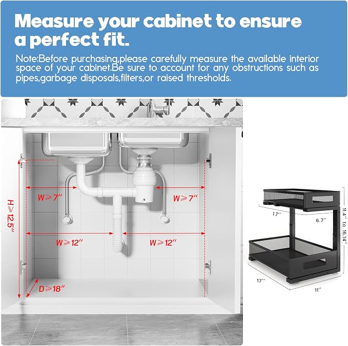 2 Pack 17IN Depth Under Sink Storage Organizer, Large 2-Tier Elegant Mesh Pull - Image 2