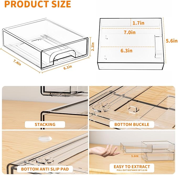 Yieach 2.2'' Tall Small Clear Stackable Storage Drawers, 2 Pack Stacking - Image 3