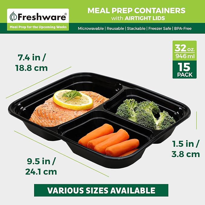 Freshware Bento Box Meal Prep Containers, 3-Compartment, 32 ounce - Image 4