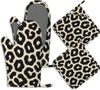Black Leopard Print Pot Holders and Oven Mitts Set Silicone Cheetah Prints by BIGXIUKA