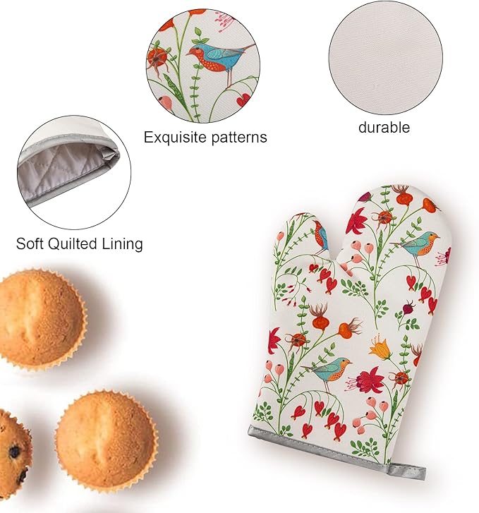 Kitchen Oven Mitts and Pot Holders Sets, Flower Bird Print Oven Gloves and - Image 3