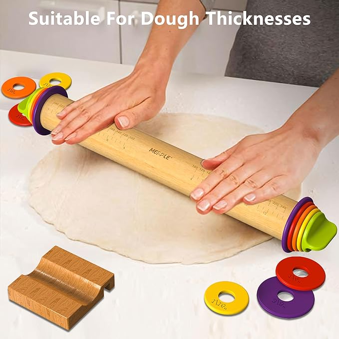 Rolling Pin with Thickness Rings and Pastry Baking Mat, 13.6" Adjustable Wooden - Image 2
