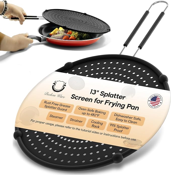 Splatter Screen for Frying Pan | USA Brand | 13-Inch Black, Fit Pans Silicone by BeckonWare