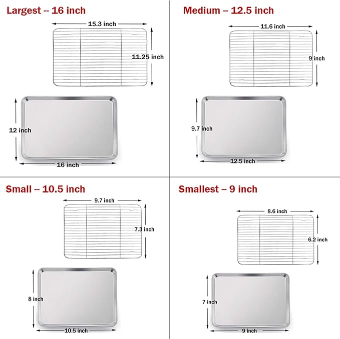 P&P CHEF 16 + 12.5 + 10.4 + 9 Inch Baking Sheet and Rack Set, Oven & Dishwasher - Image 7