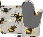 Happy Busy Bees Oven Mitts and Pot Holders Sets Non-Slip Silicone Surface by Unknown