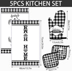 5 Pieces Buffalo Plaid Kitchen Towels Oven Mitts and Pot Holder Set Black and - Image 2