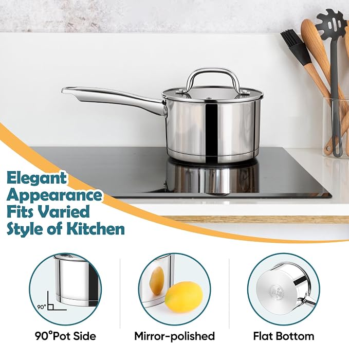 P&P CHEF 2 Quart Saucepan with Lid Set, Stainless Steel Small Cooking Pot - Image 7