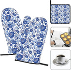 Navy Blue Floral Oven Mitts and Pot Holders Sets, Heat Resistant Oven Gloves - Image 3
