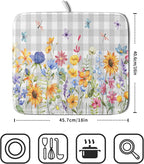 Giwawa Spring Floral Dish Drying Mat, Summer Flower Grey Buffalo Plaids Dish - Image 2