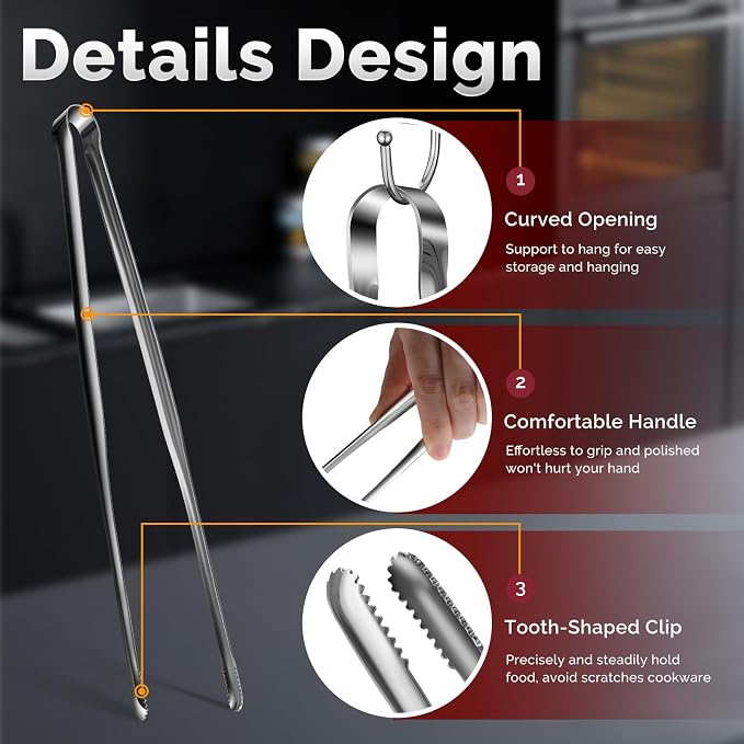 Precision Serrated Non-Slip Tips Cooking Tongs 2 Set, One-Piece 18/8 Stainless - Image 5