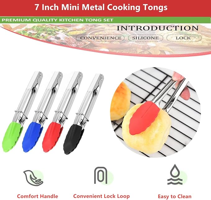 Mini Kitchen Tongs with Silicone Tips, 3-Piece Set, 7-Inch Non-Stick Tongs with - Image 3