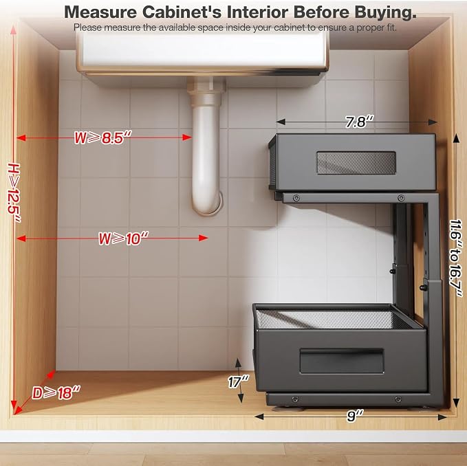 1 Pack 17IN Depth Under Sink Organizer, 2-Tier Pull Out Cabinet Organizer - Image 2