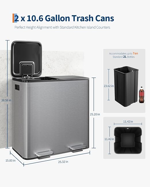 GarveeHome 2 x 10.6 gal Stainless Steel Double Trash Can - Image 6
