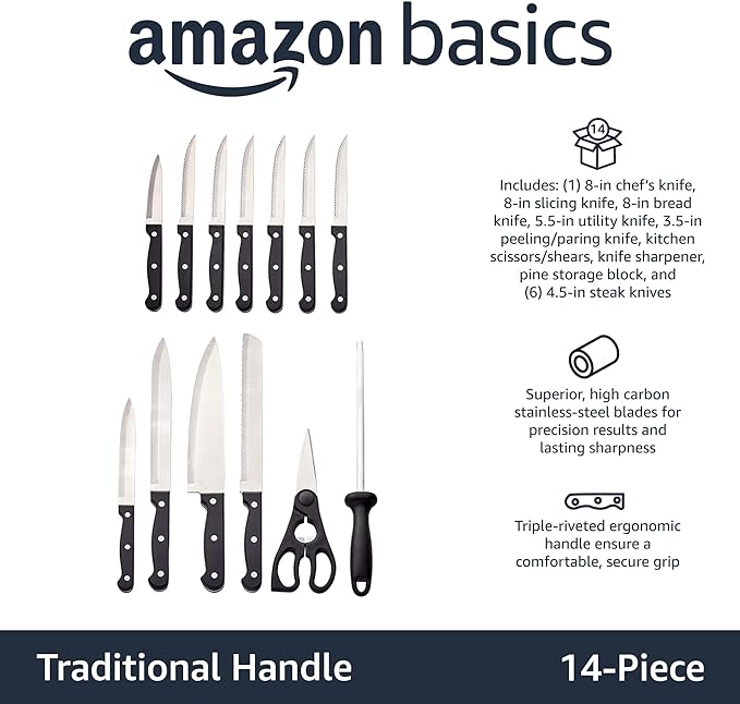 Amazon Basics 14-Piece High Carbon Stainless Steel Kitchen Knife Set - Image 2
