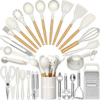 Umite Chef Silicone Kitchen Utensil Set, Cream White Wood Handles by UmiteChef