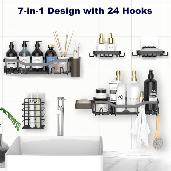 NESOMI Shower Caddy Adhesive Shower Organizer 7-Pack, Rustproof Stainless Steel - Image 4