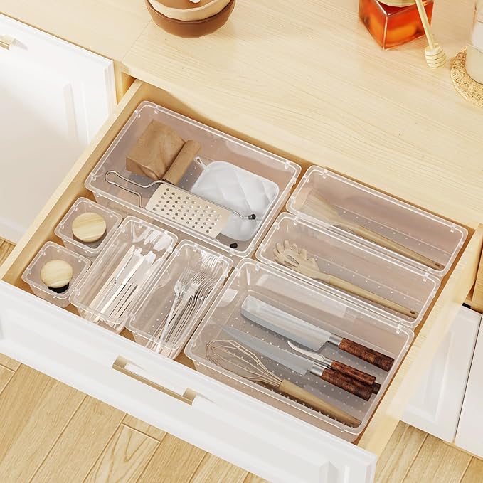 WOWBOX 32 PCS Clear Plastic Drawer Organizer Set, 4 Sizes Desk Drawer - Image 7