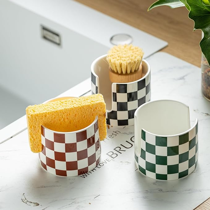 Checkered Sponge Holder for Kitchen Sink, Ceramic Dish Sponge Drying Caddy - Image 8