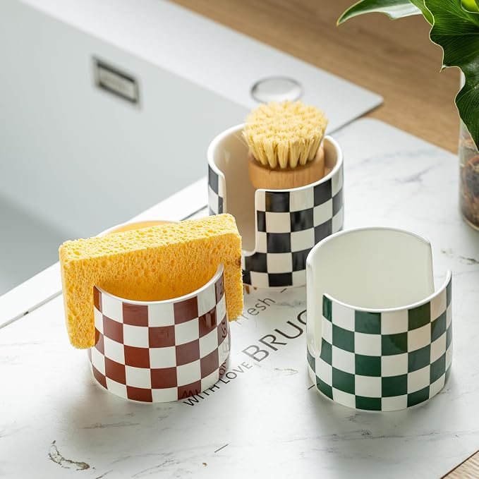 Zoeeker Checkered Kitchen Sink Sponge Holder, Dish Sponge Rack Ceramic Brush - Image 7