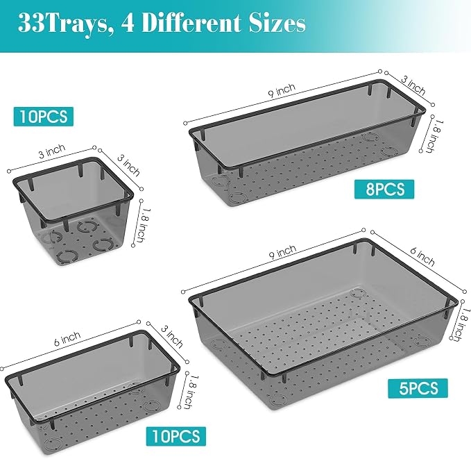 StorMiracle 33 PCS Clear Plastic Drawer Organizers Set, 4 Size Desk Drawer - Image 2
