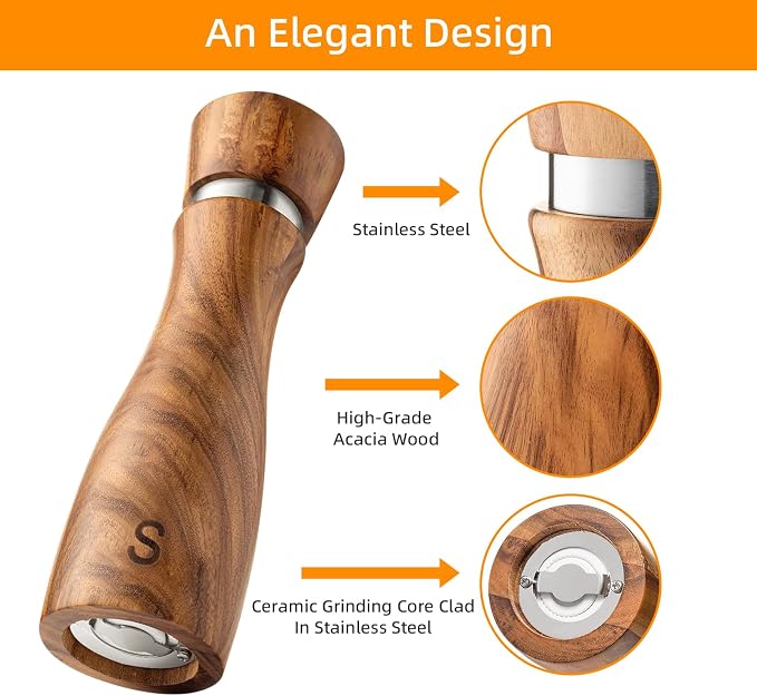 Wooden Salt and Pepper Grinder Set:Pepper Grinder Manual, Adjustable Coarseness - Image 4