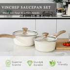 VINCHEF Sauce Pan Set with Lid 10PCS, 3 White Non Stick Cooking Pots Induction - Image 3