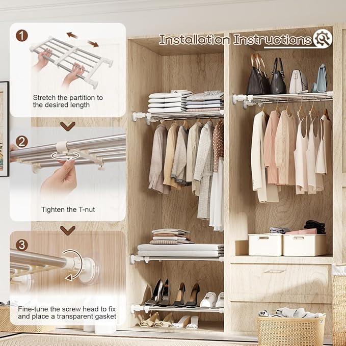 Hershii Closet Tension Shelf & Rod Expandable, Adjustable Storage Rack Metal - Image 4