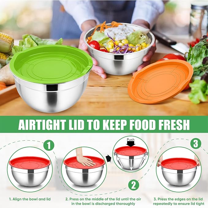 P&P CHEF Mixing Bowls with Airtight Lids Set of 5, 10-Piece Stainless Steel - Image 7