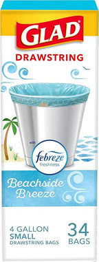 Glad Odorshield Small Drawstring Trash Bags, 4 Gal, Febreze Beachside Breeze by GladTrashFoodStorage