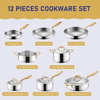 Triple Ply Stainless Steel Pots and Pans Set, EWFEN 12 Piece Induction Cookware - Image 2