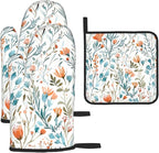 Teal Orange Watercolor Floral Oven Mitts and Pot Holders Sets of 3, Heat by Unknown
