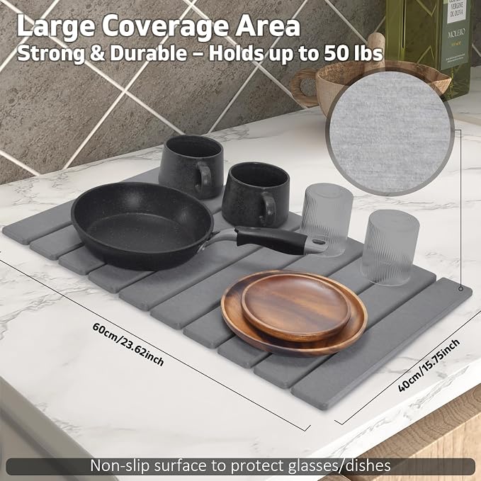 Stone Dish Drying Mat for Kitchen Counter – Collapsible 24"×16 Super Absorbent - Image 6