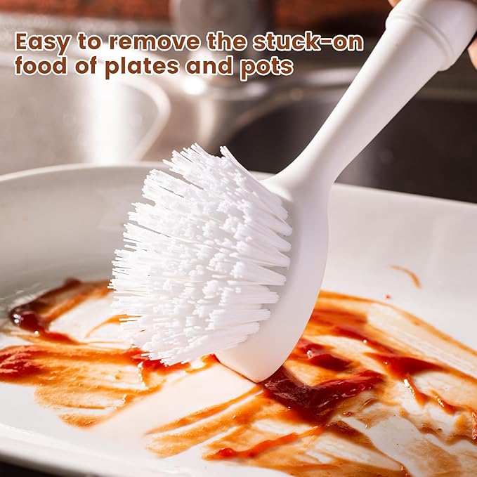 Dish Brush with Handle, Dish Scrub Brush with Built-in Scraper, Nylon Dish - Image 3