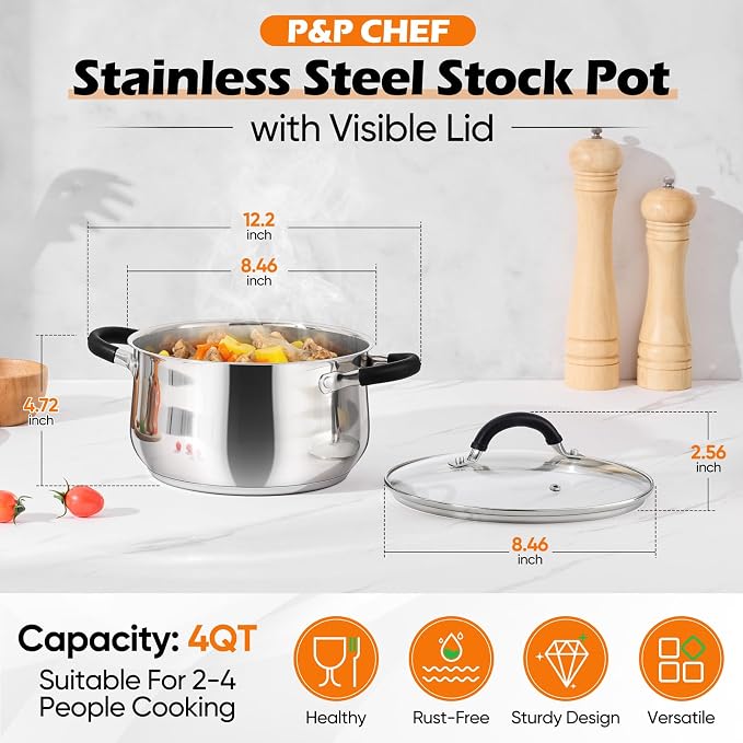 P&P CHEF Stainless Steel Stock Pot, 4 Qt Cooking Soup Pot - Image 2