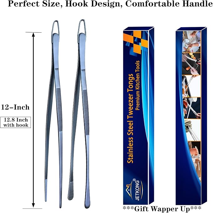 JETKONG 2 Pcs 12-Inch Cooking Tweezer Tongs Stainless Steel Kitchen Tweezers - Image 7