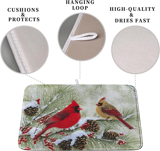 Winter Dish Drying Mat for Kitchen Counter 16x18 Inch Christmas Red Birds - Image 3