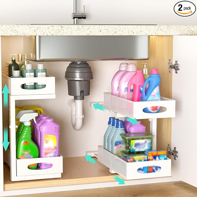 Under Sink Organizer, 2 Pack 2 Tier Metal Slide Out Pull Out Cabinet Organizer by Beleeb